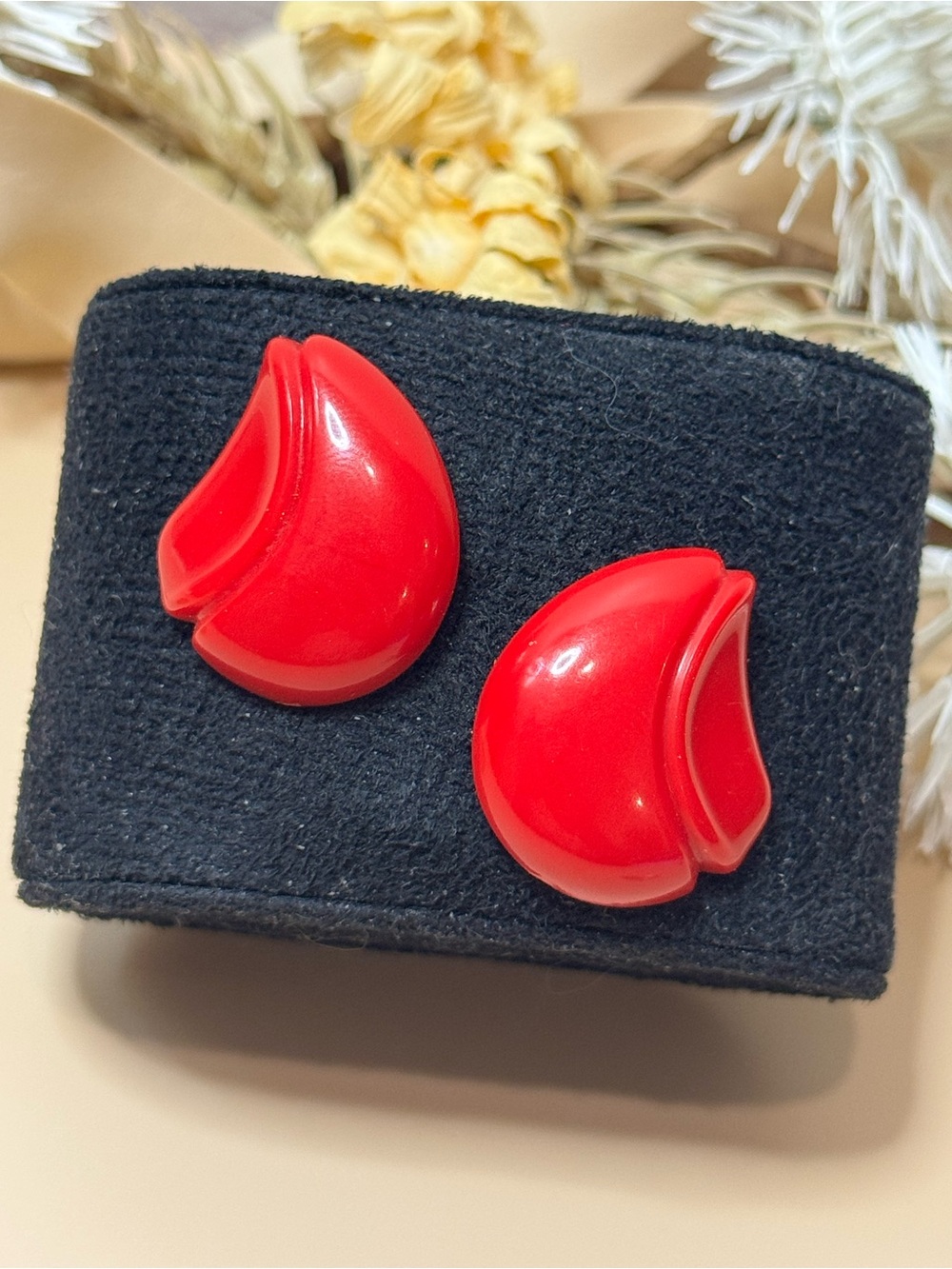 Vintage Red Sculptural Statement Stud Earrings Retro Mod Costume Jewelry